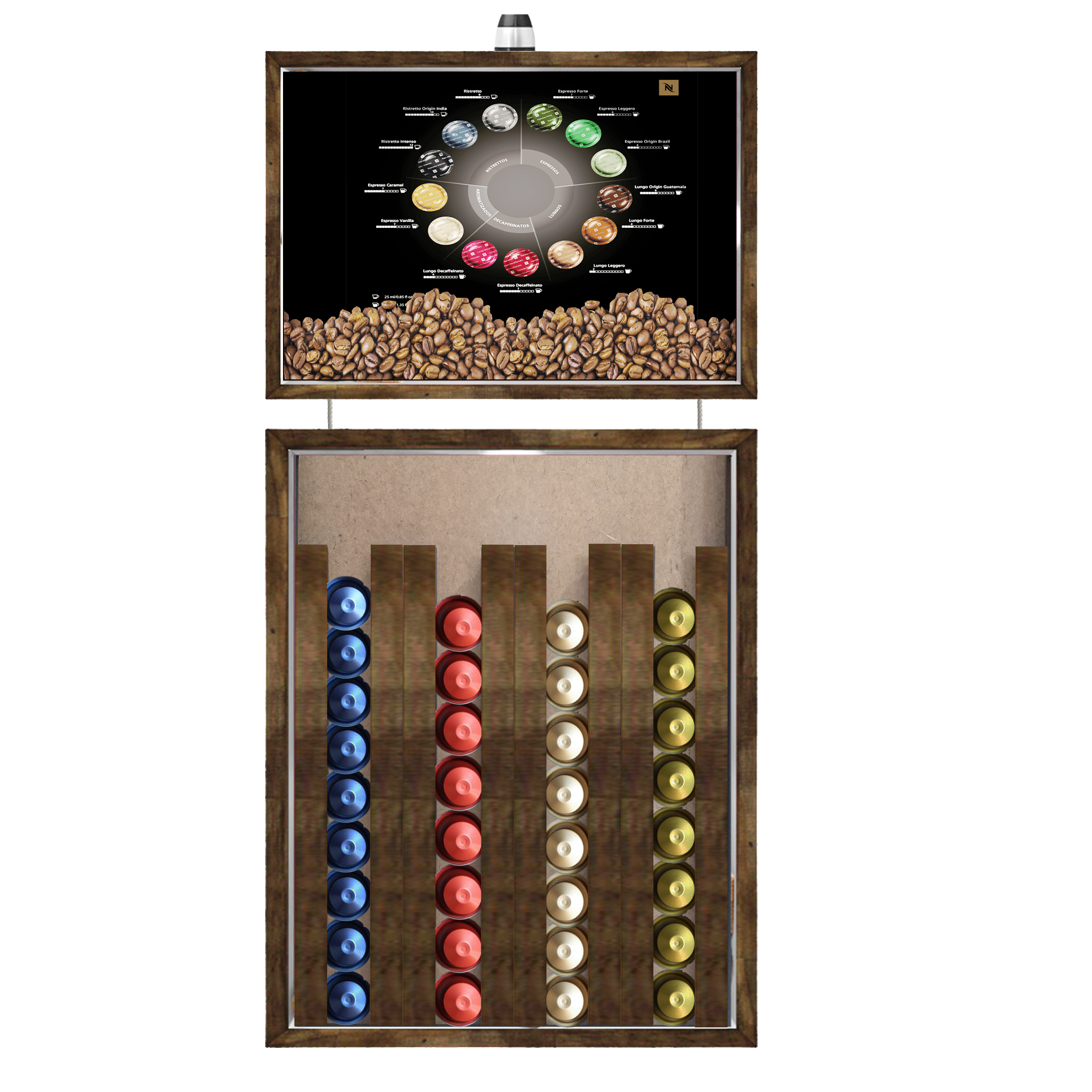 Quadro Caixa 33x70 cm Porta Capsulas de Café Nespresso (Com Led) Nerderia e Lojaria tipos de cafe madeira
