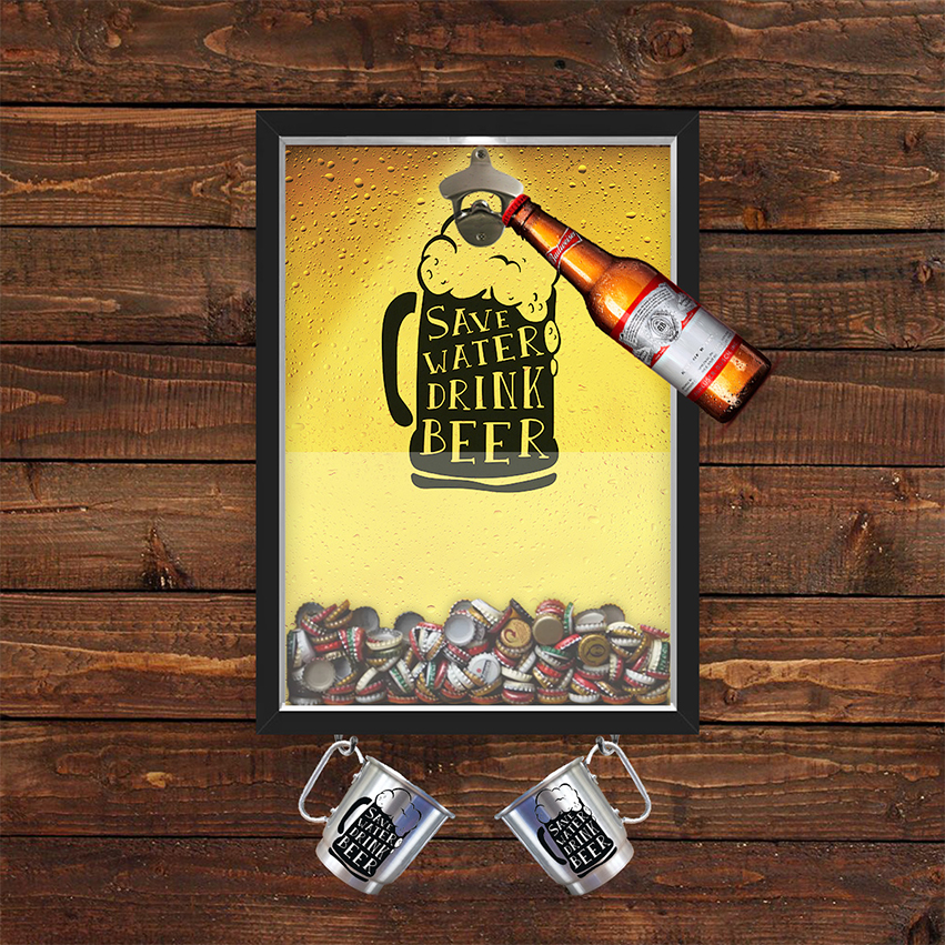 Quadro Caixa Com Abridor De Garrafas E Porta Tampinha Cerveja Com Pendurador Para As  2 Canecas.