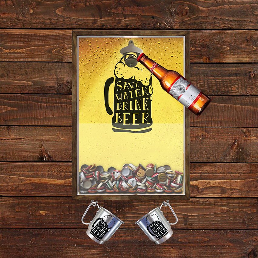 Quadro Caixa Com Abridor De Garrafas E Porta Tampinha Cerveja Com Pendurador Para As  2 Canecas.