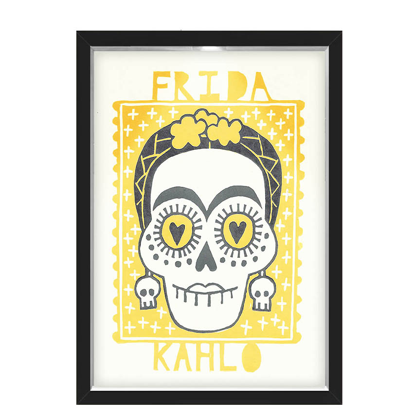 Quadro Caixa Com Led Frida Caveira Amarelo