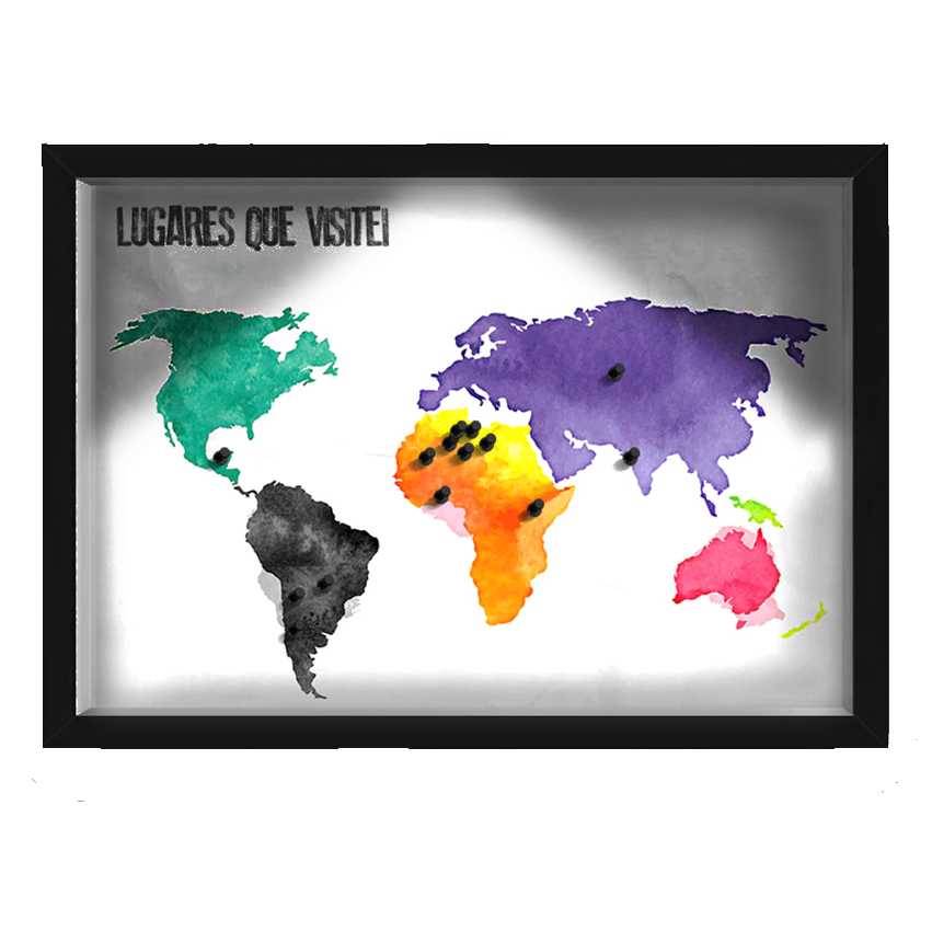 Quadro Caixa MAPA 33x43 cm (Com Led) Lojaria e Nerderia. viagens lugares aquarela preto