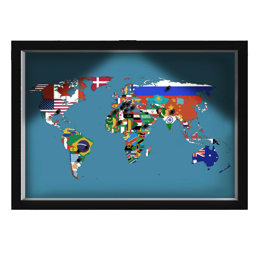 Quadro Caixa MAPA 33x43 cm (Com Led) Lojaria e Nerderia. viagens lugares bandeiras preto