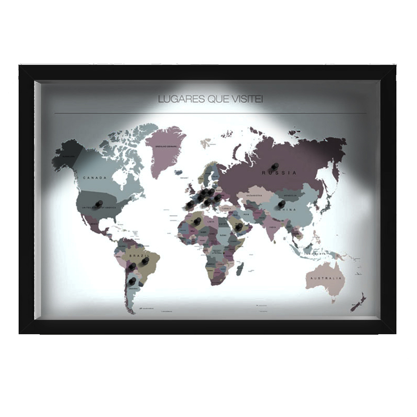 Quadro Caixa MAPA 33x43 cm (Com Led) Lojaria e Nerderia. viagens lugares saturacao preto