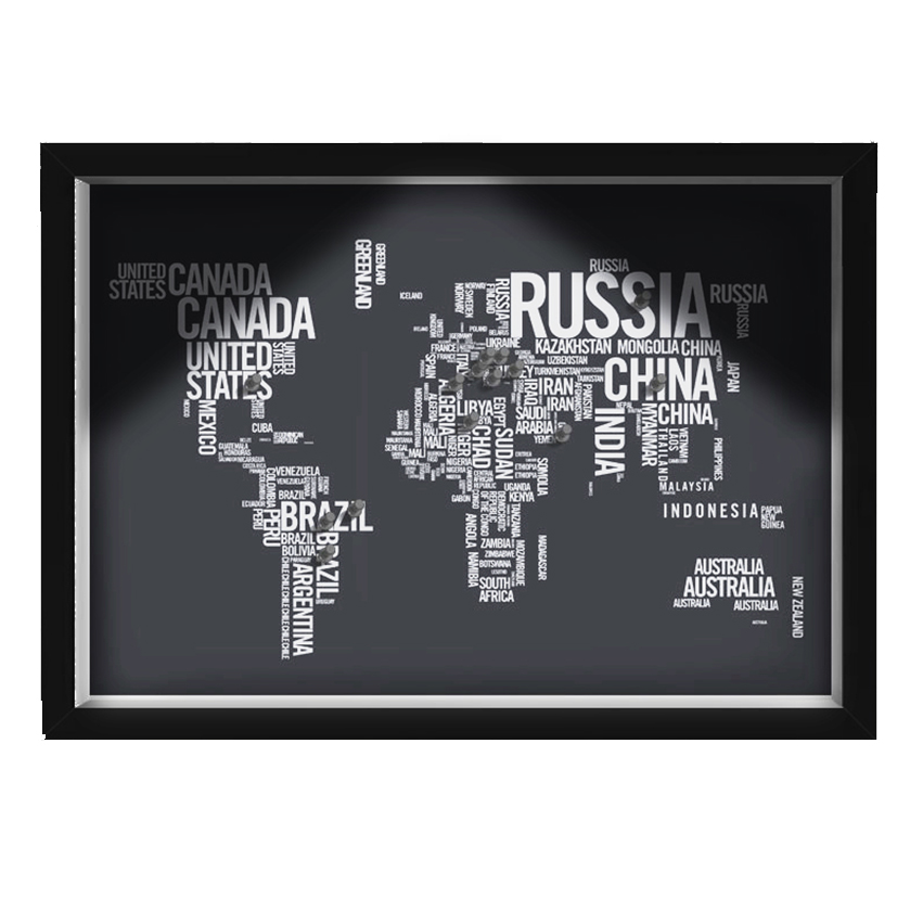 Quadro Caixa MAPA 33x43 cm (Com Led) Lojaria e Nerderia. viagens lugares textos preto
