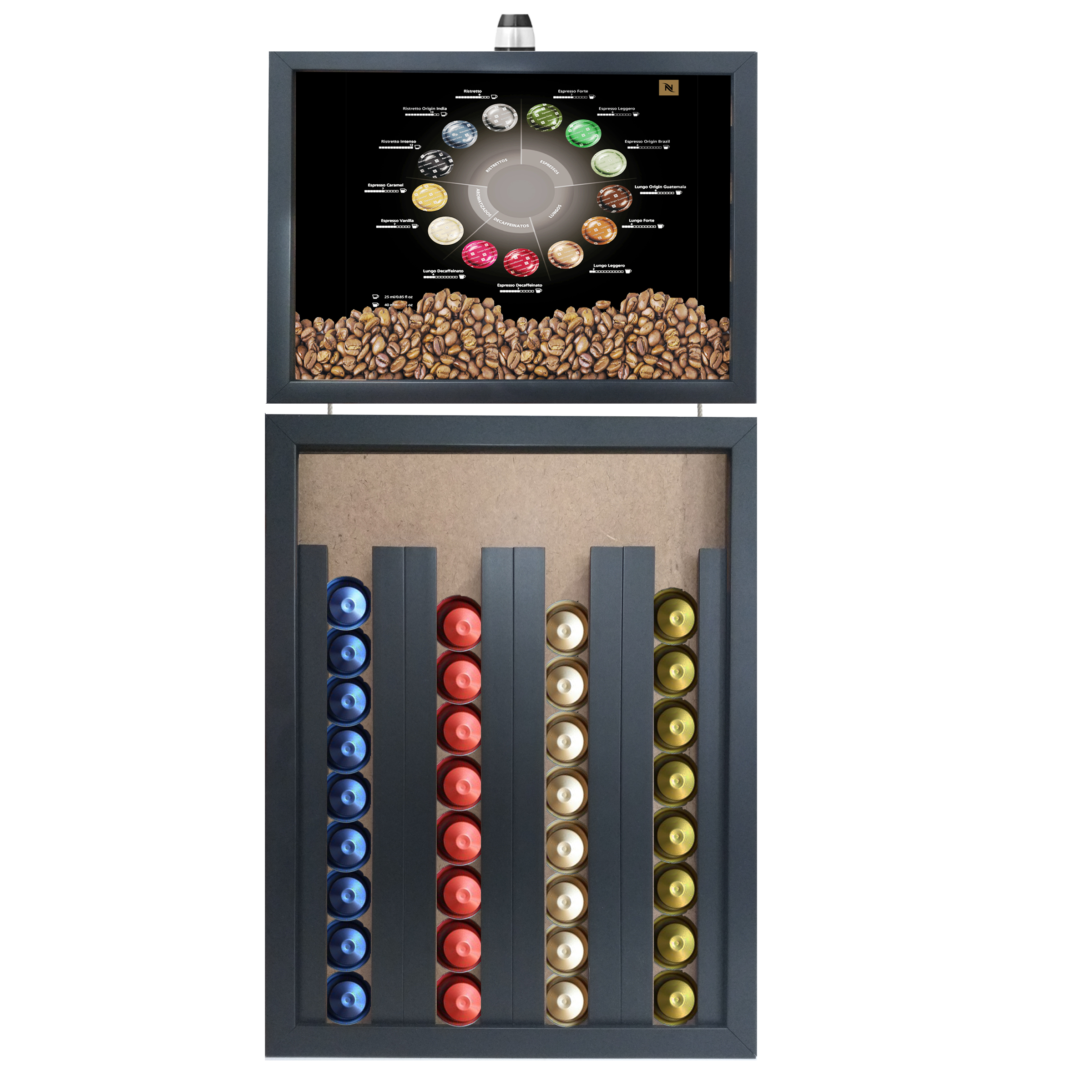 Quadro Caixa Porta Capsulas de Café Nespresso 33x70cm (Com Led) Nerderia e Lojaria tipos de cafe preto