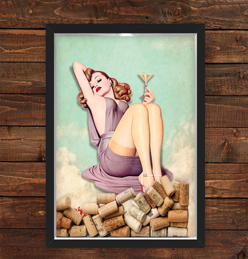 Quadro Caixa Porta Rolhas Vinho Pin Up Wine