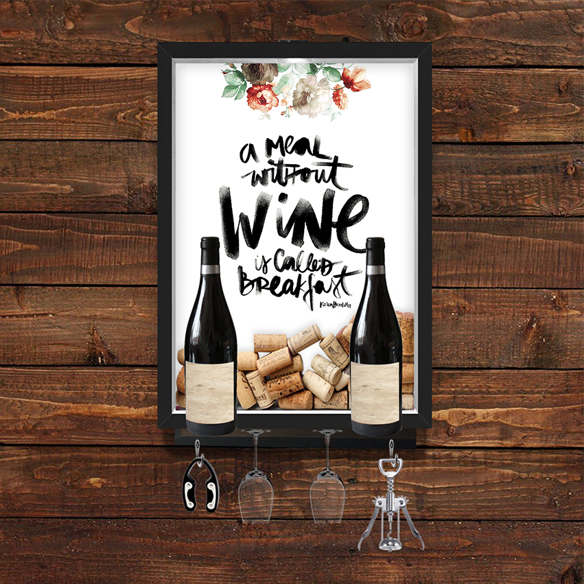 Quadro Caixa Vinho Porta Rolha Com Suporte Para Taças, Garrafas E Pendurador (Acessórios Não Acopanha)