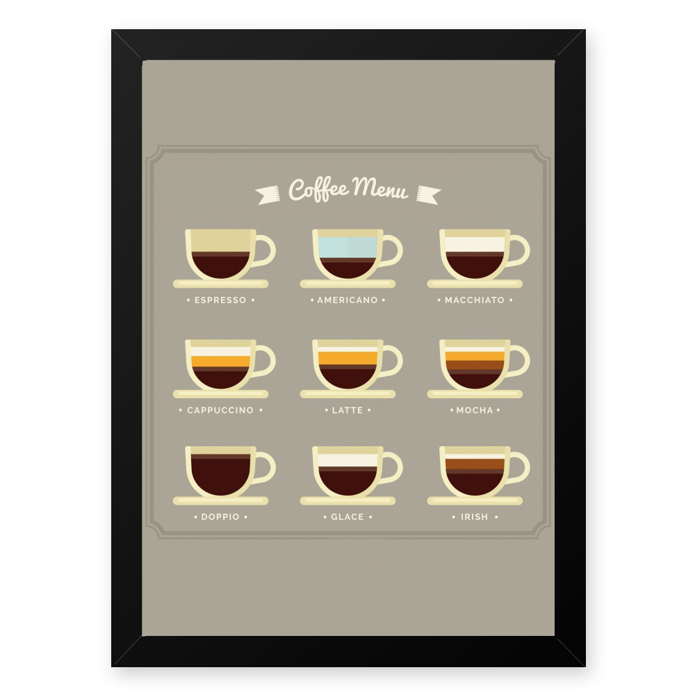 Quadro Decorativo 33x43cm Nerderia e Lojaria graos cafe menu preto