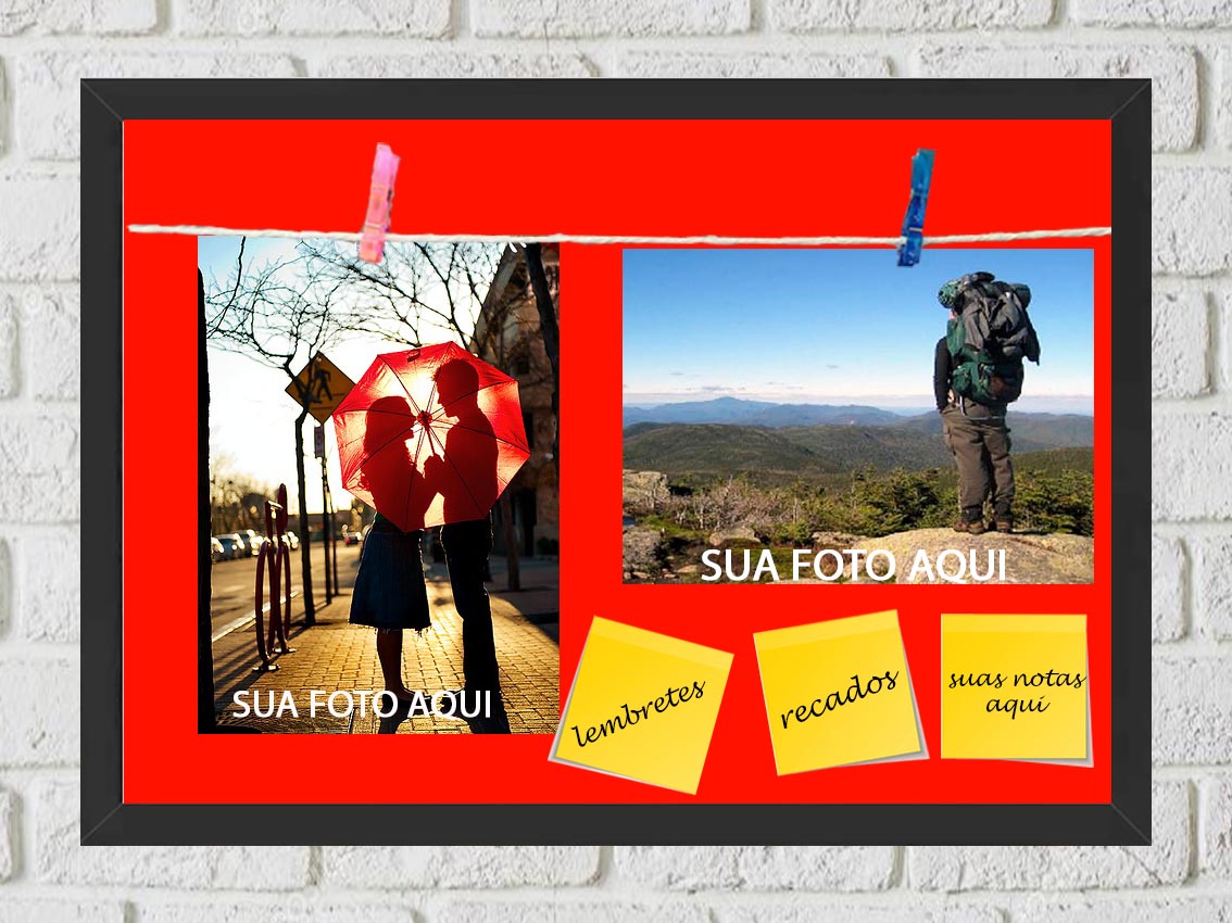Quadro Porta Foto e Recadinho com Varal 23x33cm fundo vermelho preto