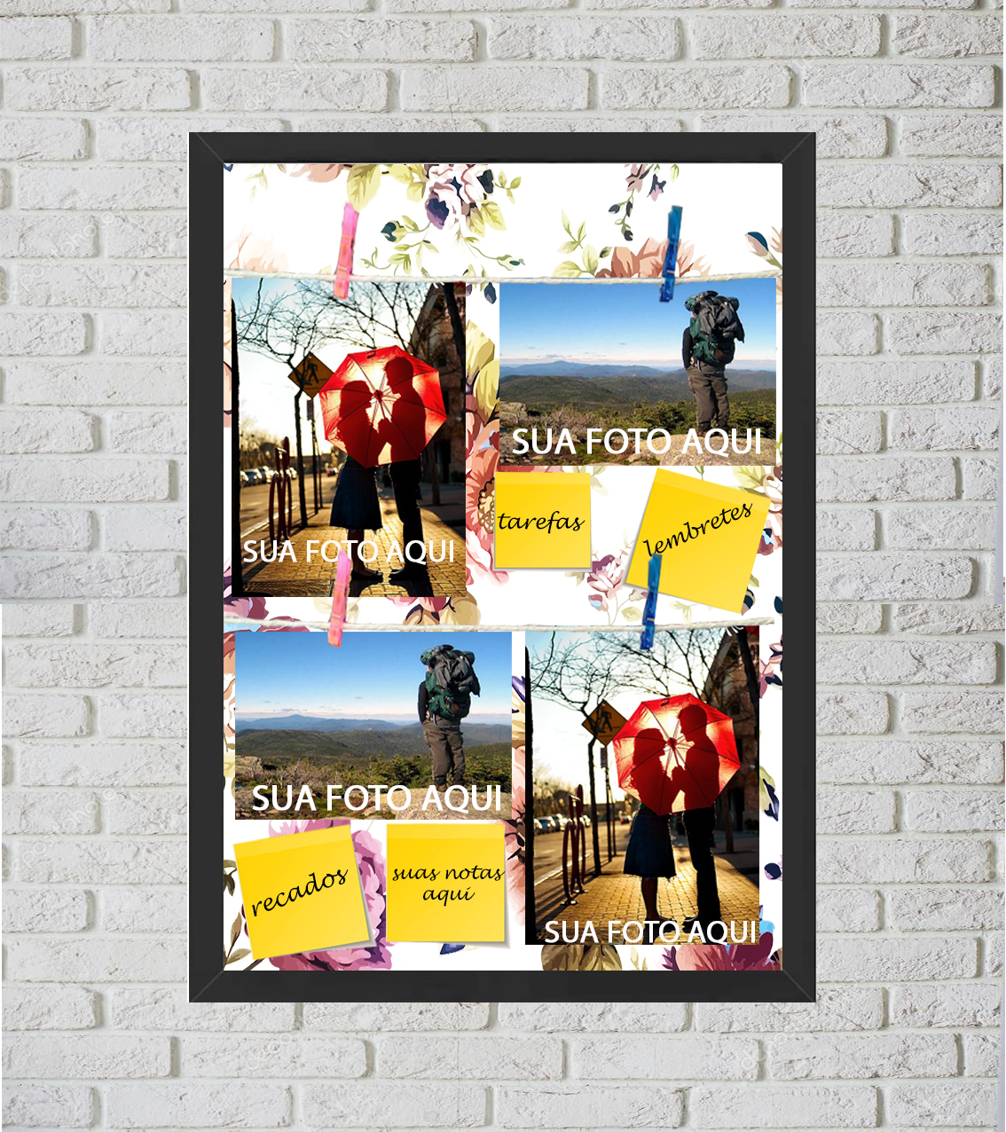 Quadro Porta Foto e Recadinho com Varal 33x43cm flowers colors preto