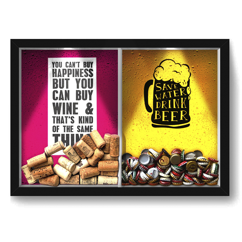 Quadro Porta Rolha Vinho E Tampinha Cerveja (2 Em 1) 33x43 cm  - Com LED Nerderia e Lojaria happiness e save water preto