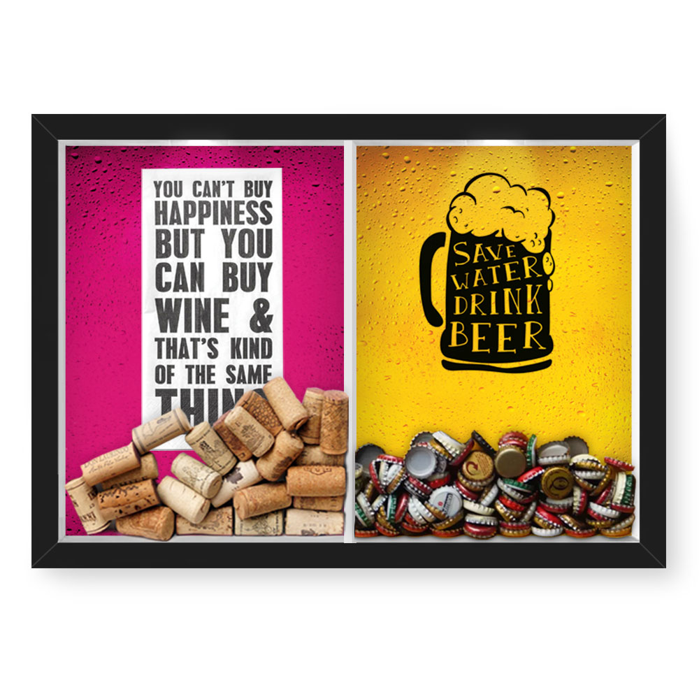 Quadro Porta Rolha Vinho E Tampinha Cerveja (2 Em 1) 33x43 cm  Nerderia e Lojaria Happiness e save water preto