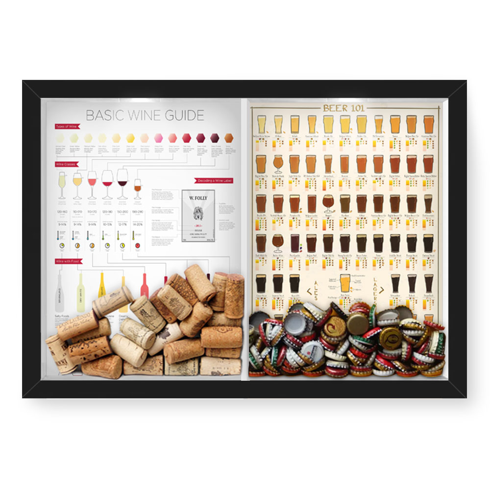 Quadro Porta Rolha Vinho E Tampinha Cerveja (2 Em 1) 33x43 cm  Nerderia e Lojaria Wine guide e beer 101 preto