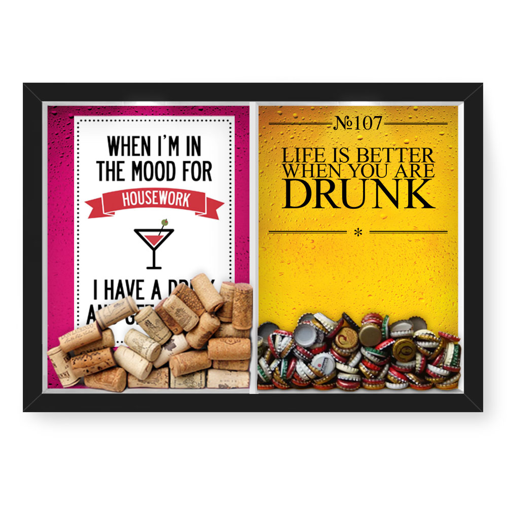 Quadro Porta Rolha Vinho E Tampinha Cerveja (2 Em 1) 33x43 cm  Nerderia e Lojaria housework e drunk preto