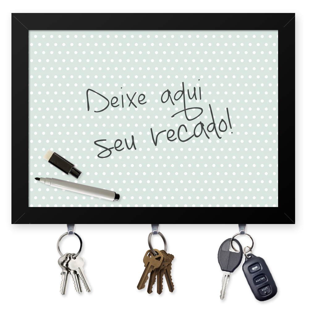 Quadro Recado Porta Chaves (Com Caneta Especial) 23x33cm Nerderia e Lojaria bolinhas preto