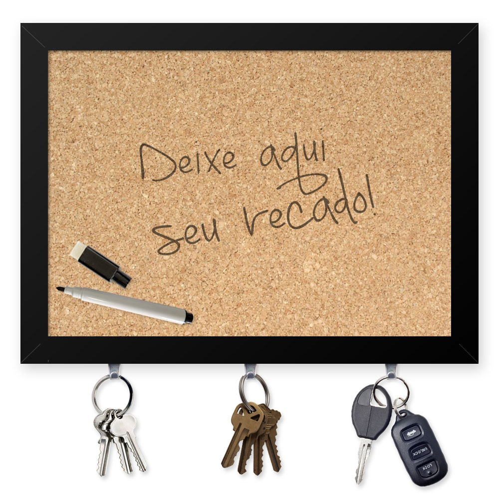 Quadro Recado Porta Chaves (Com Caneta Especial) 23x33cm Nerderia e Lojaria cortiça preto