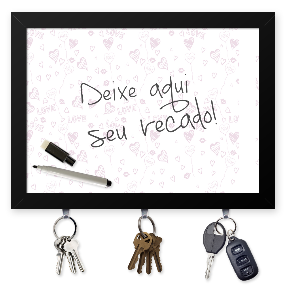 Quadro Recado Porta Chaves (Com Caneta Especial) 23x33cm Nerderia e Lojaria textura love preto