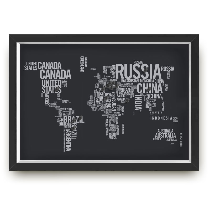 Quadro mapa  33x43 cm NERDERIA E LOJARIA viagens lugares textos preto
