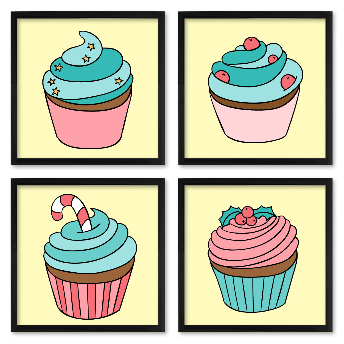 Quadros 20X20 (4 Uni) Nerderia Cupcakes Vetor
