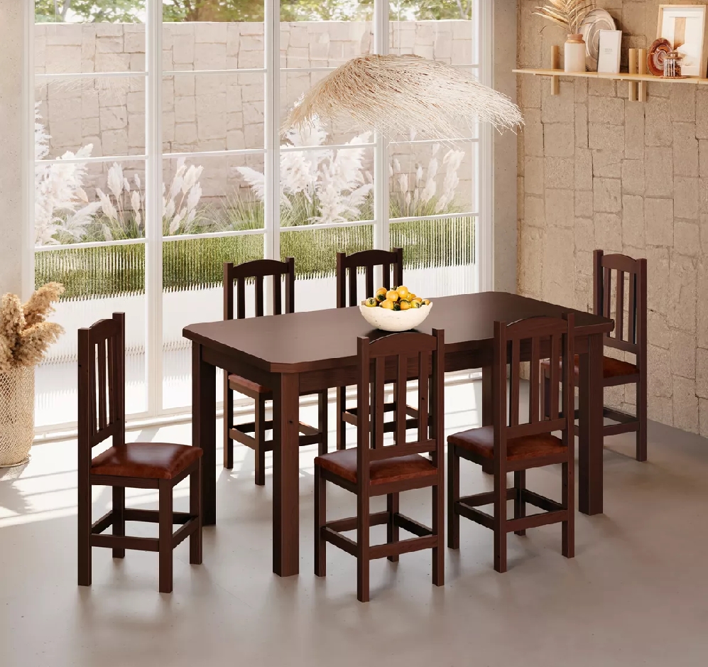 Conjunto Mesa De Madeira Castanho 160x88 + 6 Cadeiras Estofadas Sfa
