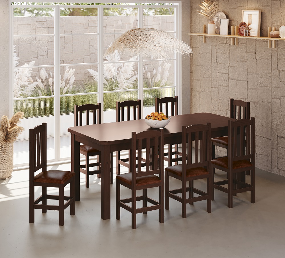 Conjunto Mesa De Madeira Castanho 200x88 + 8 Cadeiras Estofadas Sfa
