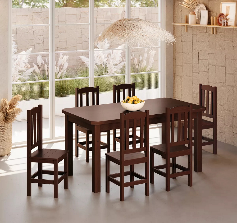 Conjunto Mesa De Madeira Maciça Castanho 160x88+ 6 Cadeiras Sfa
