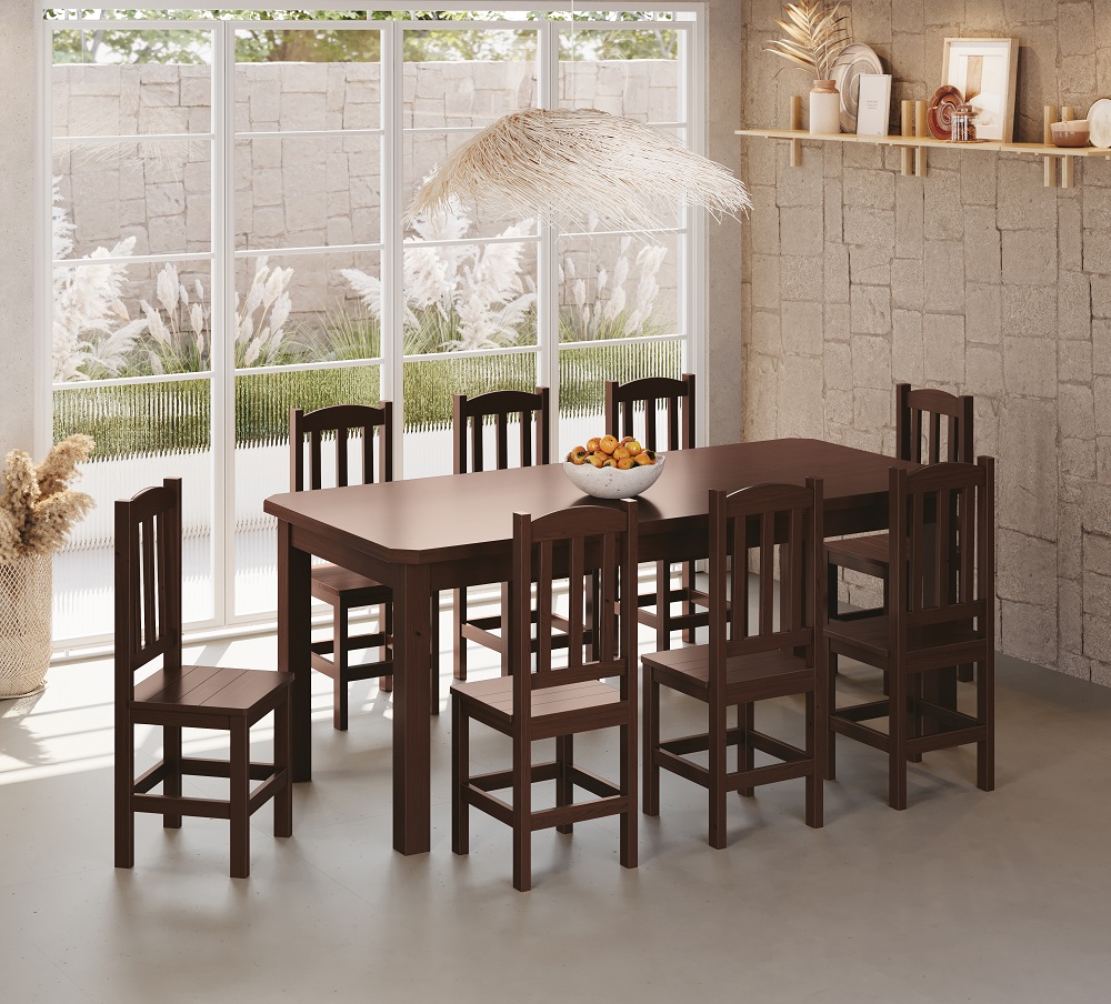 Conjunto Mesa De Madeira Maciça Castanho 200x88+ 8 Cadeiras Sfa