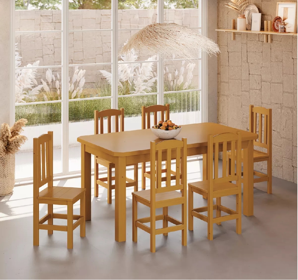 Conjunto Mesa De Madeira Maciça Mel160x88+ 6 Cadeiras Sfa
