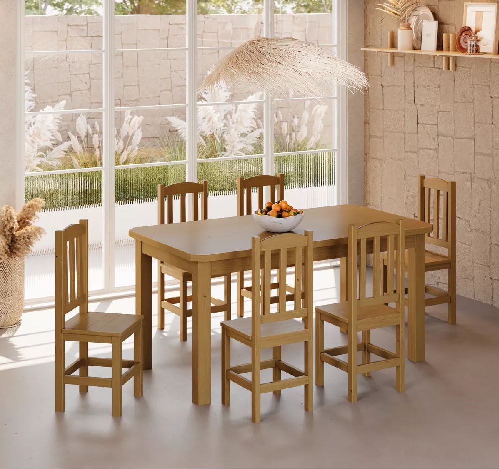 Conjunto Mesa De Madeira Maciça Nogueira 160x88+ 6 Cadeiras Sfa
