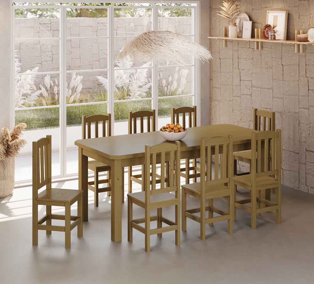 Conjunto Mesa De Madeira Maciça Nogueira 200x88+ 8 Cadeiras Sfa