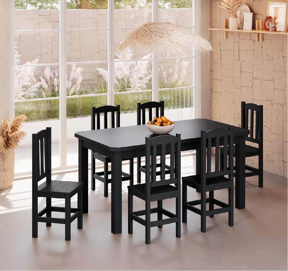 Conjunto Mesa De Madeira Maciça Preto 160x88+ 6 Cadeiras Sfa