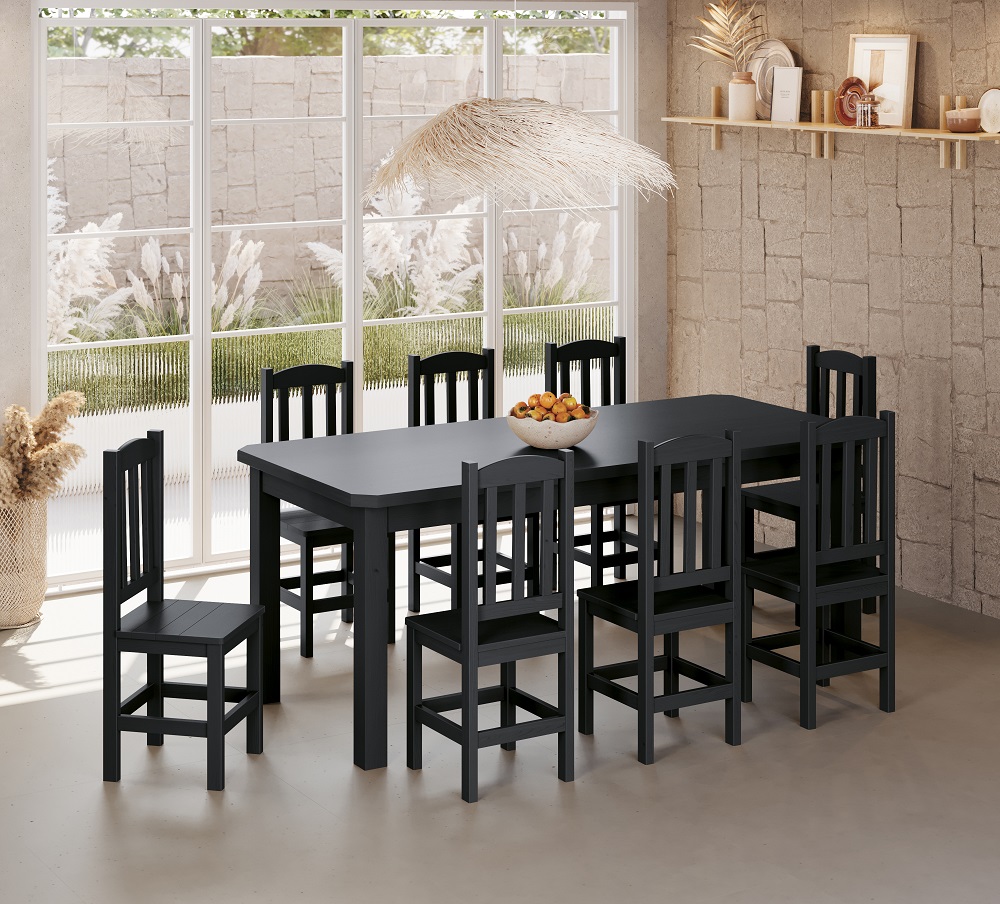 Conjunto Mesa De Madeira Maciça Preto 200x88+ 8 Cadeiras Sfa