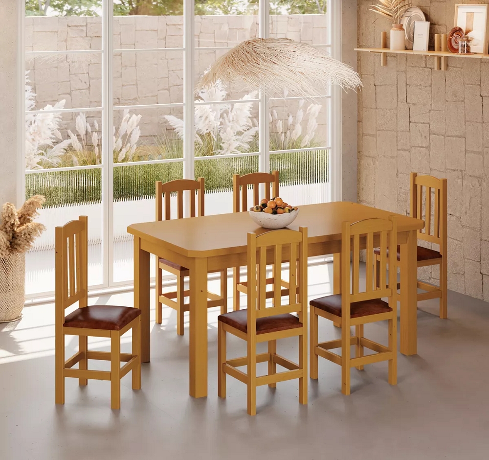 Conjunto Mesa De Madeira Mel 160x88 + 6 Cadeiras Estofadas Sfa