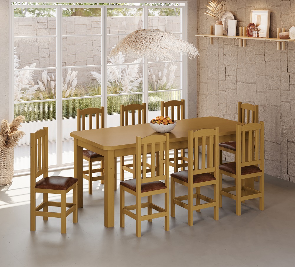 Conjunto Mesa De Madeira Mel 200x88 + 8 Cadeiras Estofadas Sfa