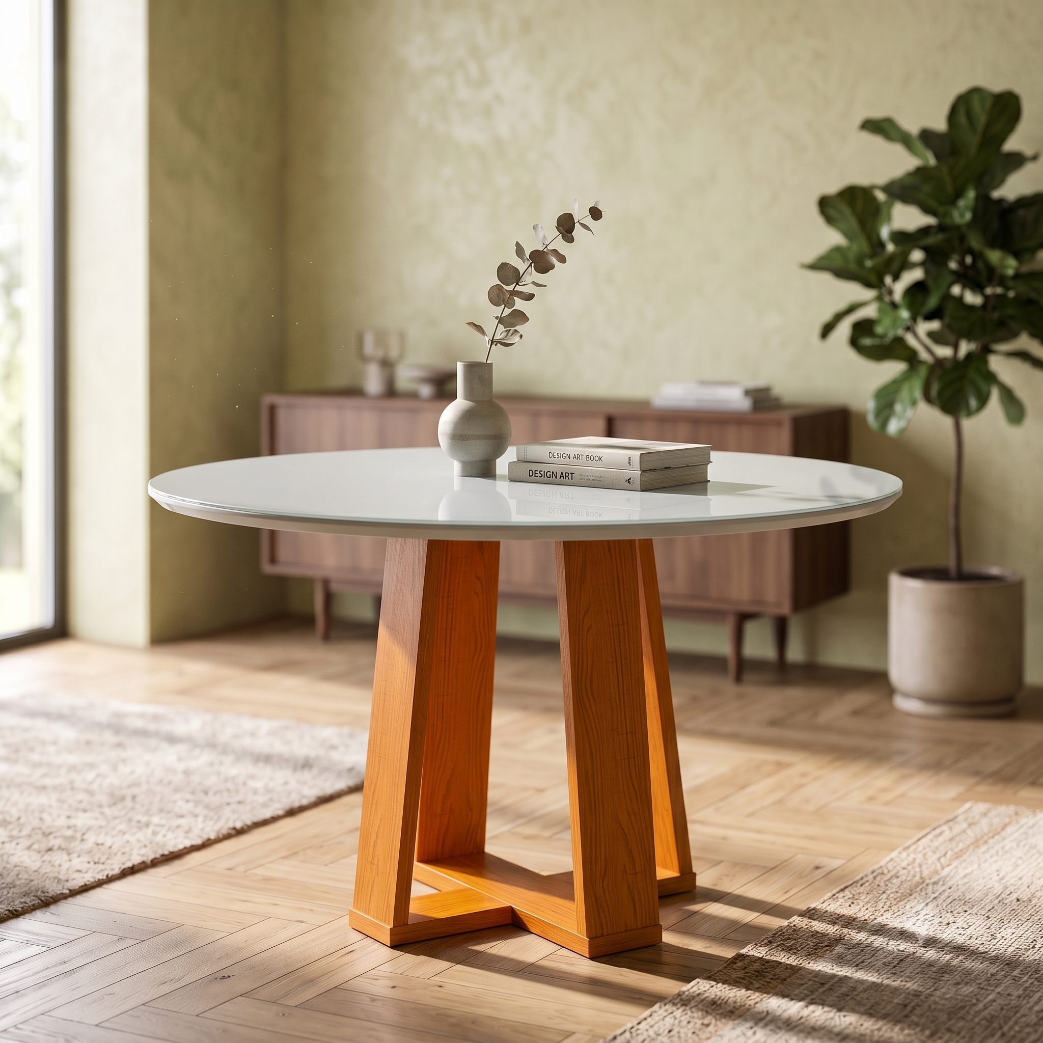 Mesa de Jantar Redonda com Tampo de Vidro Isabela Ipê e Off White 100 cm