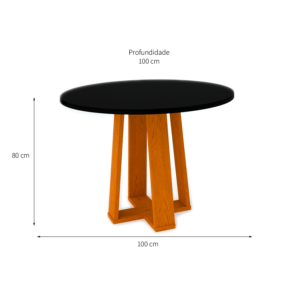 Mesa de Jantar Redonda com Tampo de Vidro Isabela Ipê e Preta 100 cm