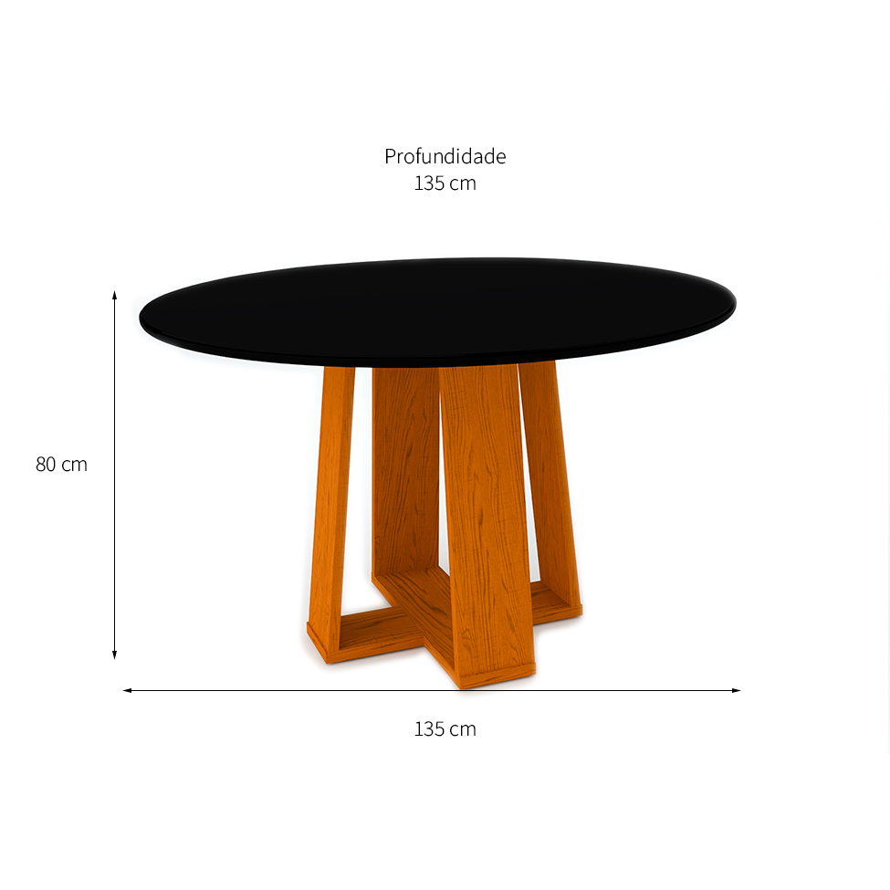 Mesa de Jantar Redonda com Tampo de Vidro Isabela Ipê e Preta 135 cm