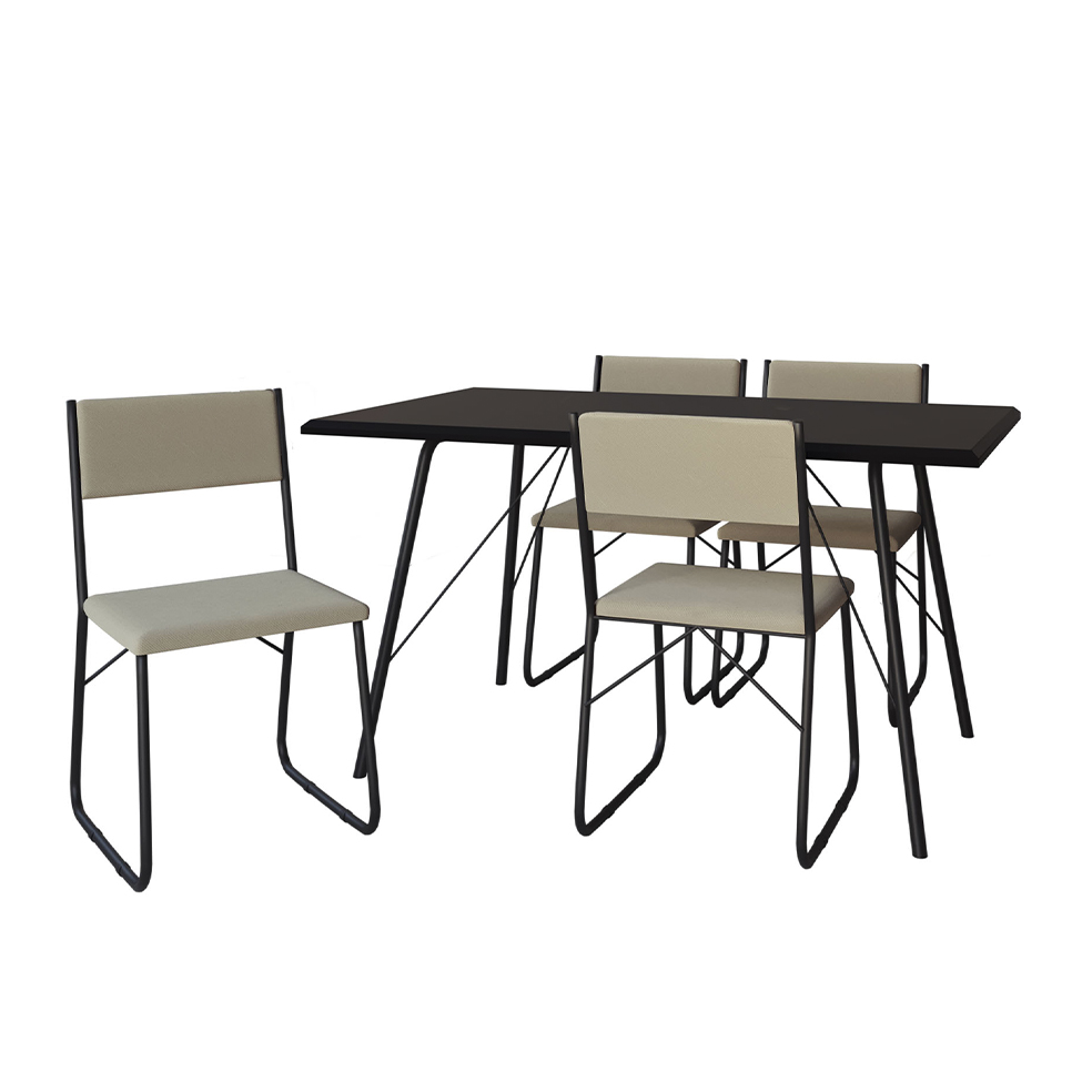 Conjunto de Mesa de Jantar com 4 Cadeiras Angra Suede Bege e Preto 137 cm