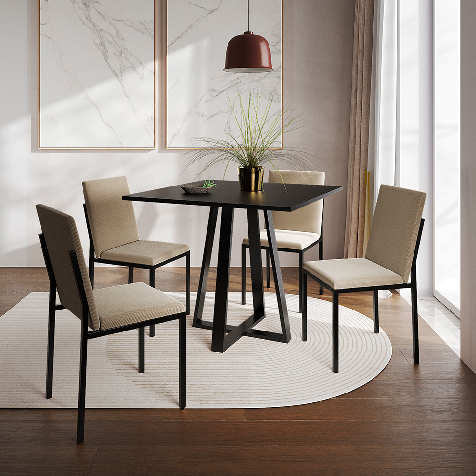 Conjunto de Mesa de Jantar com 4 Cadeiras Mônaco Veludo Bege e Preto