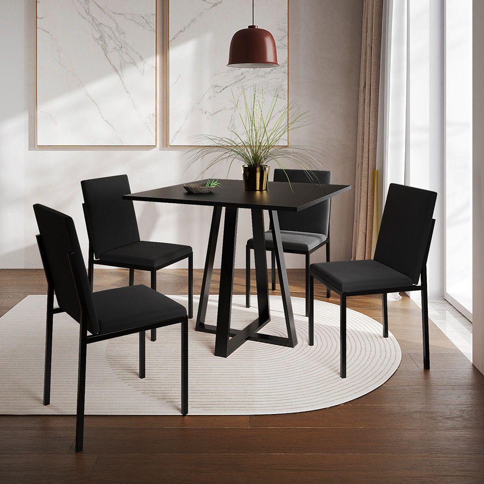 Conjunto de Mesa de Jantar com 4 Cadeiras Mônaco Veludo Preto