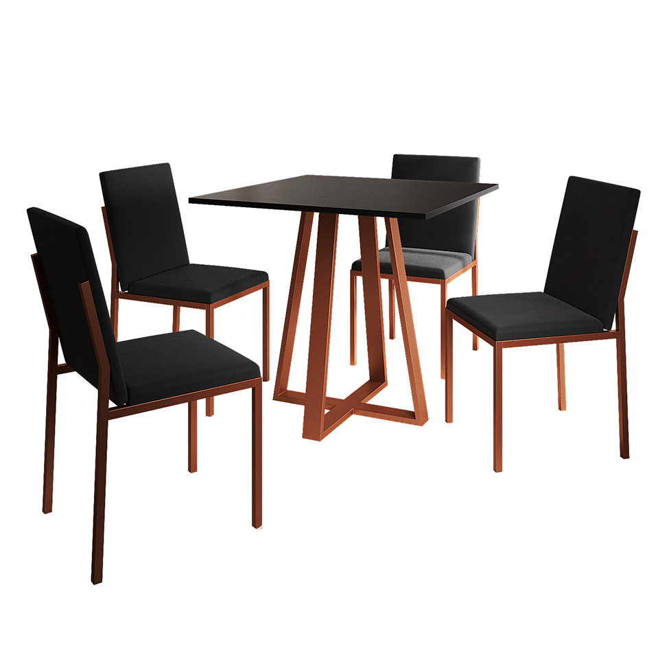 Conjunto de Mesa de Jantar com 4 Cadeiras Mônaco Veludo Preto e Cobre