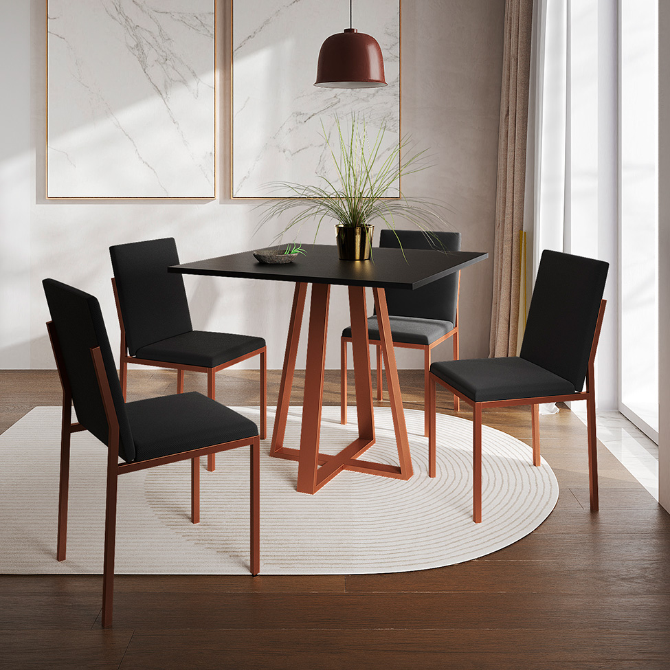 Conjunto de Mesa de Jantar com 4 Cadeiras Mônaco Veludo Preto e Cobre
