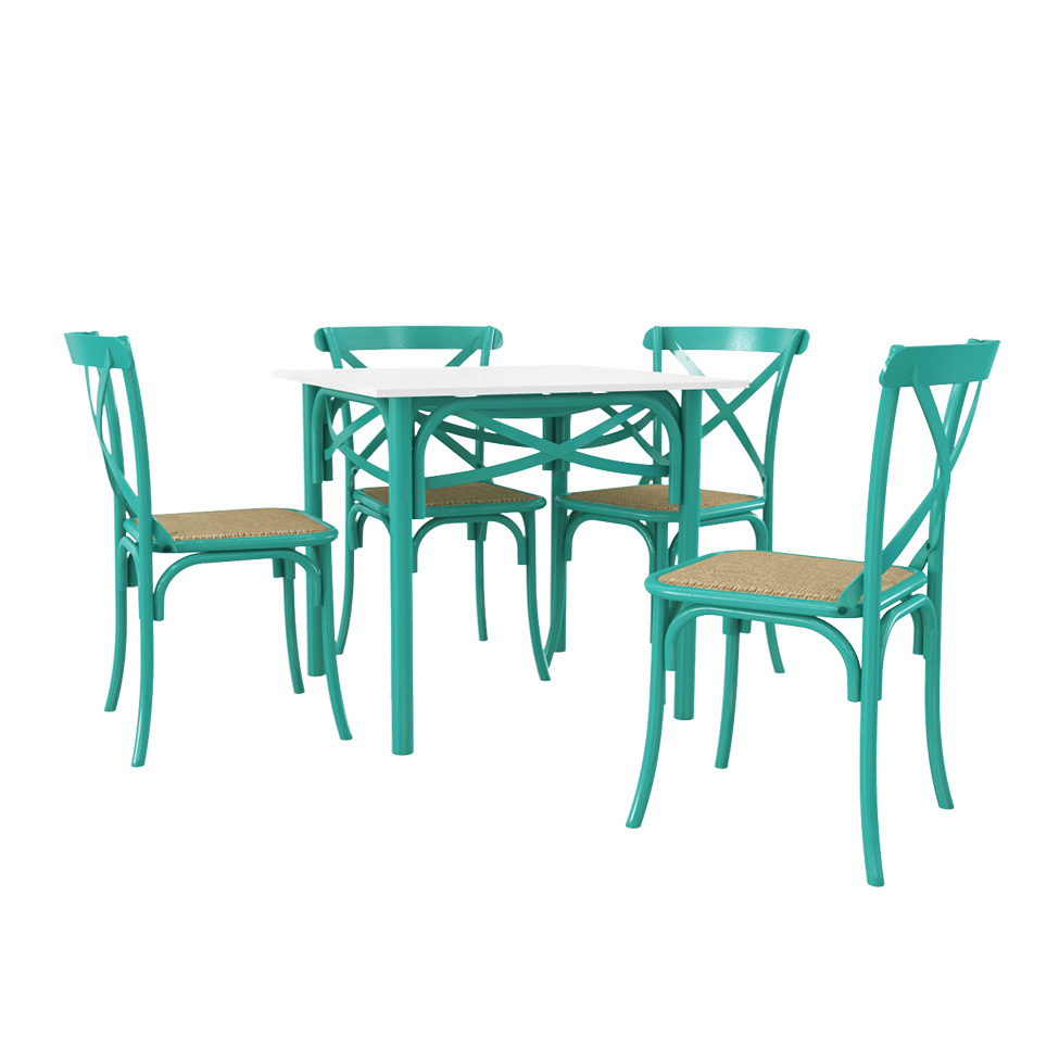 Conjunto de Mesa de Jantar com 4 Cadeiras e Tampo de Madeira Katrina Azul Turquesa