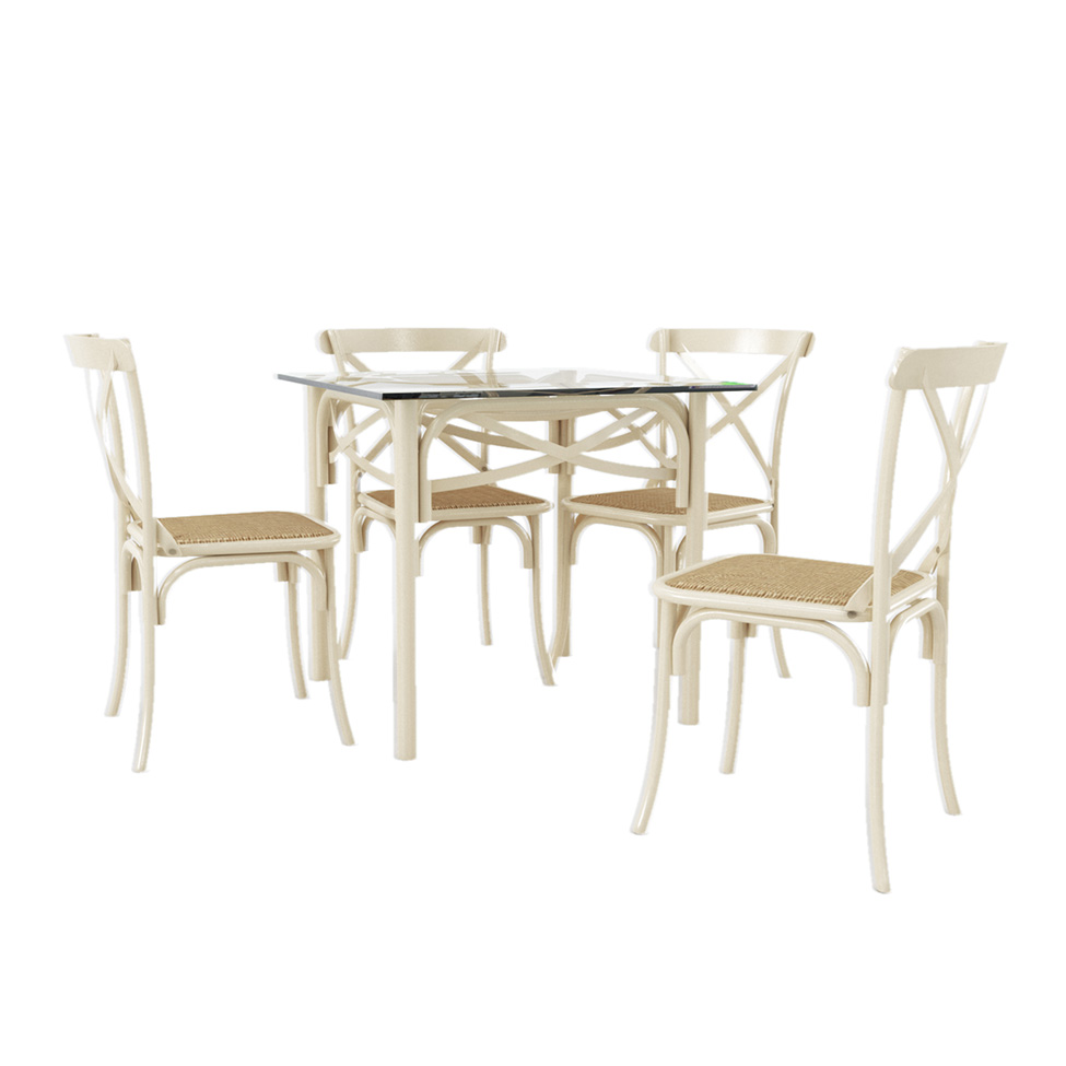 Conjunto de Mesa de Jantar com 4 Cadeiras e Tampo de Vidro Katrina Bege