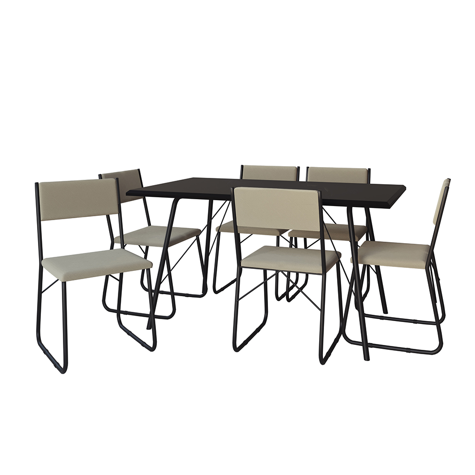 Conjunto de Mesa de Jantar com 6 Cadeiras Angra Suede Bege e Preto 150 cm