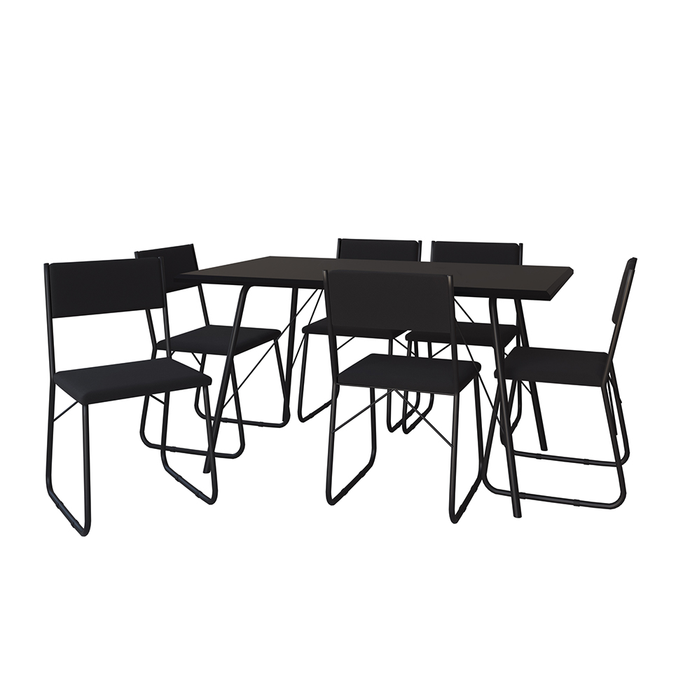 Conjunto de Mesa de Jantar com 6 Cadeiras Angra Suede Preto 150 cm