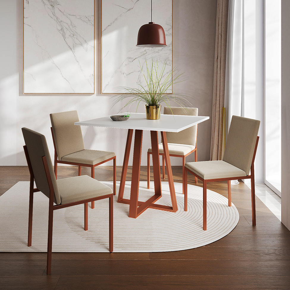 Conjunto de Mesa de Jantar com Tampo Branco e 4 Cadeiras Mônaco Veludo Bege e Cobre
