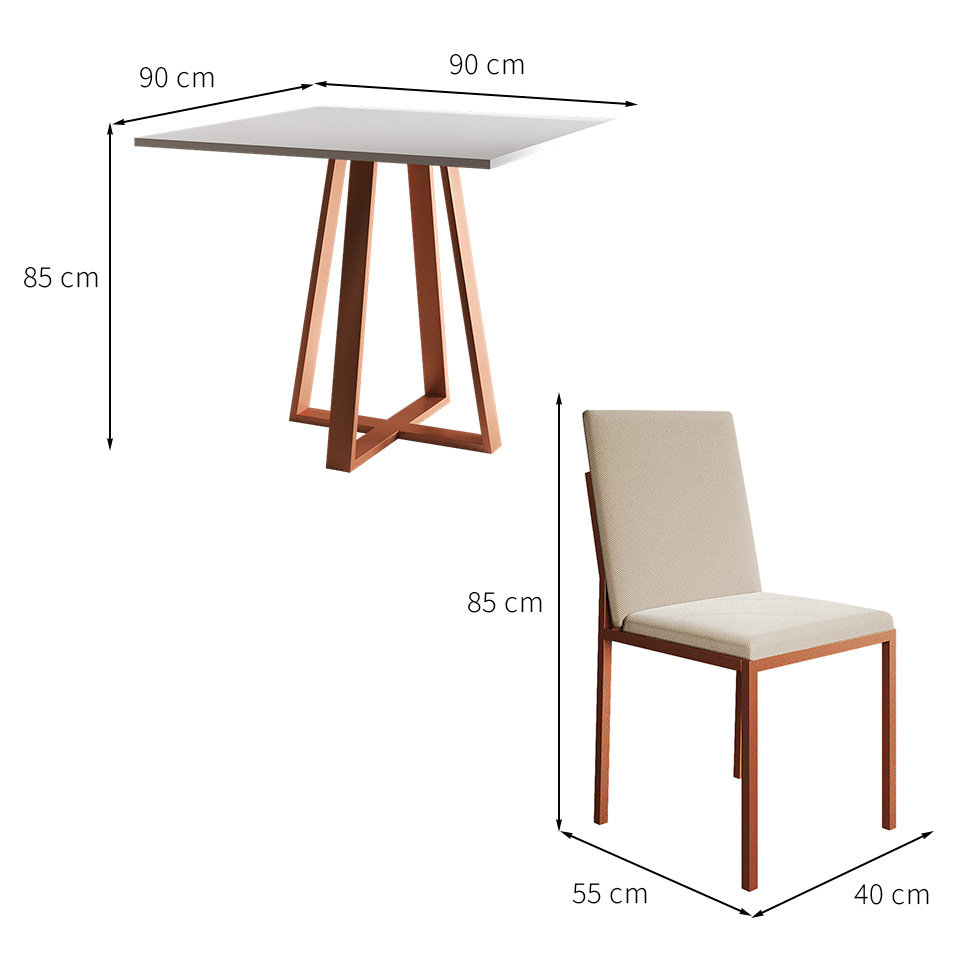 Conjunto de Mesa de Jantar com Tampo Branco e 4 Cadeiras Mônaco Veludo Bege e Cobre
