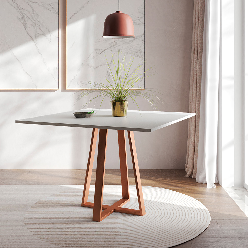 Conjunto de Mesa de Jantar com Tampo Branco e 4 Cadeiras Mônaco Veludo Bege e Cobre
