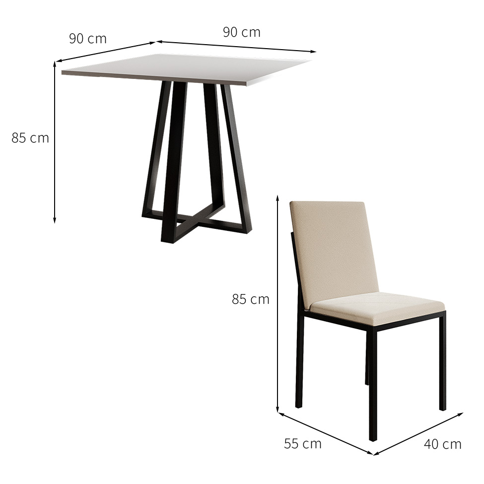 Conjunto de Mesa de Jantar com Tampo Branco e 4 Cadeiras Mônaco Veludo Bege e Preto